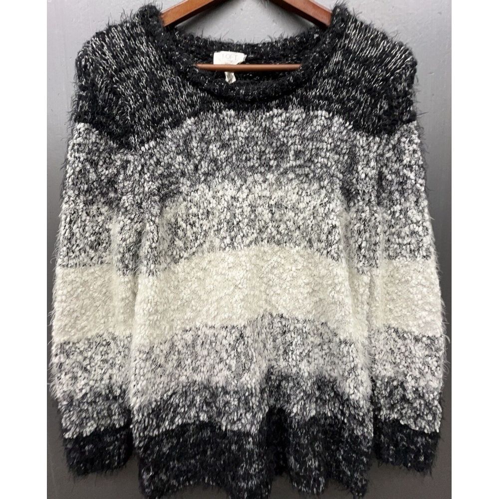 LOFT Lounge Sweater M Black Gray White Pullover‎ Long Sleeve Fuzzy Cozy